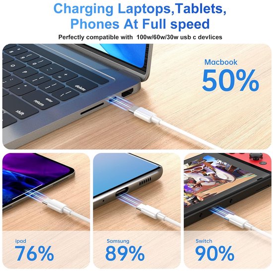 USB-C Oplaadkabel – Geschikt voor iPhone 15/16 iPad Pro Samsung MacBook – 100W Snelladen – 1 Meter – Wit-USB-Kabels-Ilumina Benelux