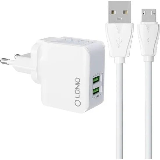 LDNIO A2203 Dual USB Oplader met Micro USB Kabel – 2.4A – EU Stekker – Wit-Ilumina Benelux