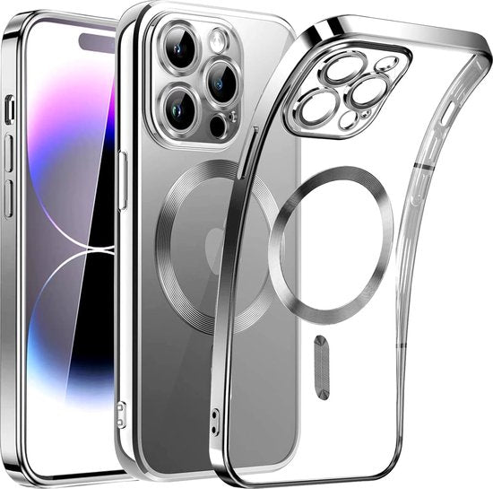 iPhone 14 Pro Max Hoesjes – Magnetische Clear Siliconen Backcover – Camera Lens Protector – MagSafe – Zilver-Ilumina Benelux