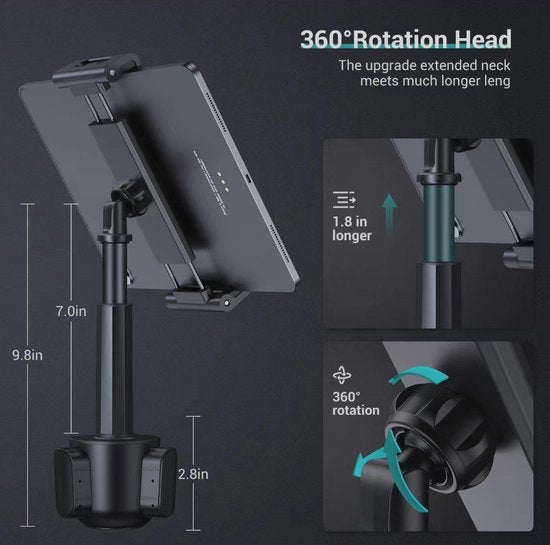 Tablet en Smartphonehouder Auto – Verstelbare Bekerhouder Telefoonhouder – 360° Draaibare iPad Houder – Geschikt voor iPad, Samsung Galaxy, iPhone – Voor Auto & Vrachtwagen