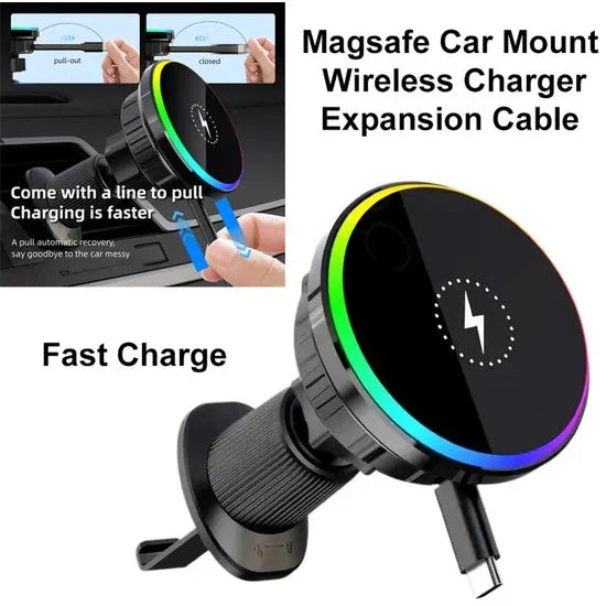 MagSafe Telefoonhouder Auto met Draadloze Oplader - 15W Magnetische Auto Houder Ventilatierooster - Uittrekbare USB-C Kabel - Geschikt voor iPhone 17/16/15/14/13/12 & Samsung S25/S24-Ilumina Benelux