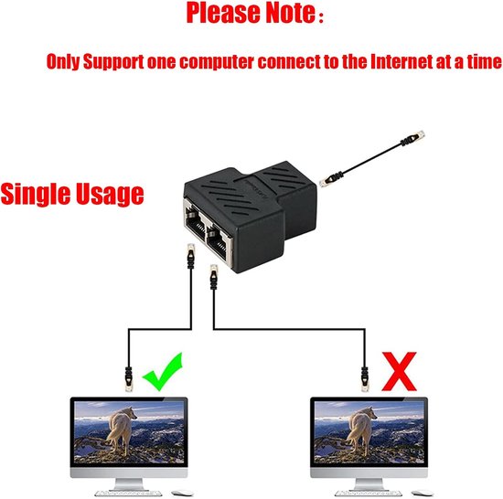 RJ45 Ethernet Splitter Adapter – 1 naar 2 Netwerkverdeler – Niet gelijktijdig – Compact & Duurzaam – Zwart-Ilumina Benelux