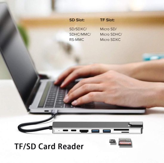 USB-C Hub – 8-in-1 CNC Aluminium Adapter – 4K HDMI, RJ45 Ethernet, USB 3.0, USB-C PD, SD/TF – Zilver-Ilumina Benelux