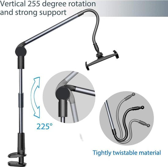 Tablethouder bed – Lange arm zwanenhals – 360° draaibaar – Flexibele klemstandaard 4,7-10,5 inch – Zwart