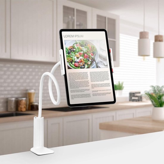 Tablethouder & Telefoonhouder - Universeel - 360° Draaibare arm - Houder Met Klem - Statief geschikt voor: Bureau, Tafel en bed - Wit