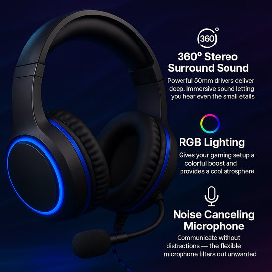 Gaming Headset – 360° Stereo Surround – RGB – Noise Canceling – Geschikt voor Playstation 4 / 5, PS4, PS5, Xbox One, Xbox Series & PC – Over-Ear – Bedraad