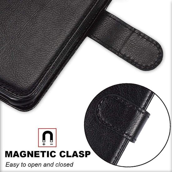 Motorola Moto G8 Play Hoesjes – Portemonnee Book Case – Pasjeshouder – Magneetsluiting – Zwart + 2x Screenprotector-Ilumina Benelux