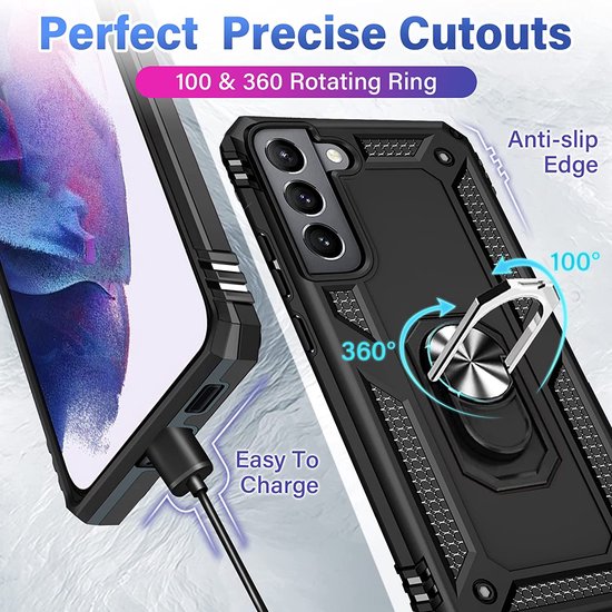 Samsung Galaxy S22 Hoesjes – Anti-Shock Hybride Ring Armor Backcover – Schokbestendig – Zwart-Ilumina Benelux