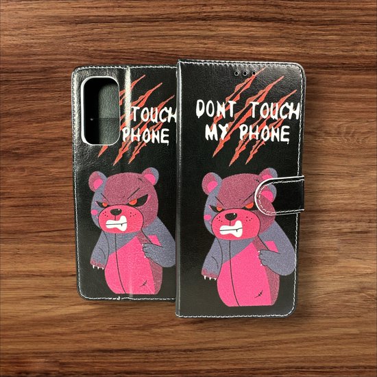 Oppo A57/A57S Hoesjes – Portemonnee Book Case – Magneetsluiting – Pasjeshouder – Don't Touch My Phone Print-Ilumina Benelux