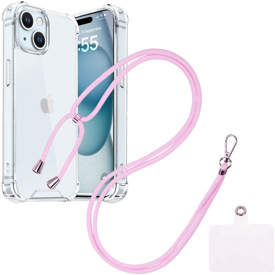 iPhone 15 Plus Hoesjes – Transparante Backcover – Schokbestendig – Nekkoord Koord – Lichtroze-Ilumina Benelux