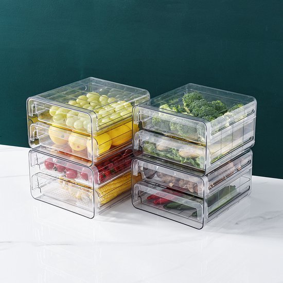 Koelkast organizer – Stapelbare PET opbergbox lade – Voor groente, fruit & vlees – 24×21,5×14 cm – Transparant-Keukenkastorganizer-Ilumina Benelux