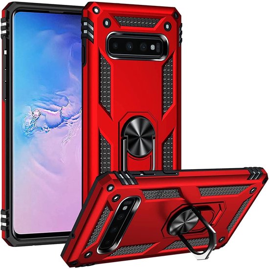 Samsung Galaxy S10e Hoesjes – Ring Armor Backcover – 360° Draaibare Standaard – Magneet – Rood-Ilumina Benelux