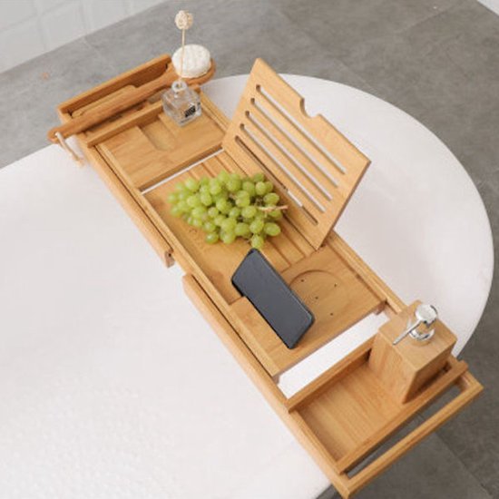 Badrek uitschuifbaar – Met boekenhouder & tablethouder – 75-110 cm – Bamboe hout – Naturel-Tablethouder-Ilumina Benelux