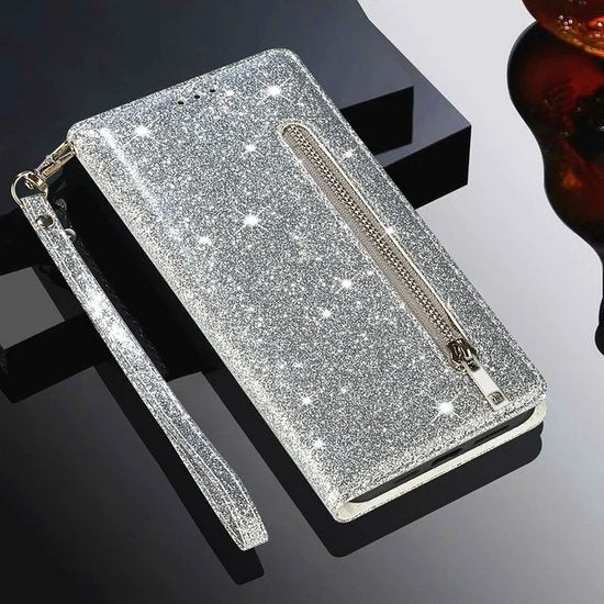Samsung Galaxy A13 Hoesjes – Glitter Portemonnee Hoes – Rits & Koord – Pasjeshouder – Zilver-Ilumina Benelux
