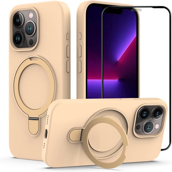 iPhone 14 Hoesjes – Siliconen Backcover met Kickstand – MagSafe – Full Cover Glas – Schokbestendig – Goud-Ilumina Benelux