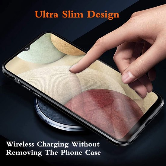 Samsung Galaxy A22 4G Hoesjes – Magnetische 360° Bescherming – Metalen Frame – Gehard Glas Achterkant + Screenprotector – Zwart