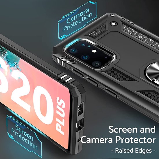Samsung Galaxy S20 Plus Hoesjes – Ring Armor Backcover – 360° Draaibare Standaard – Magneet – Zwart-Ilumina Benelux