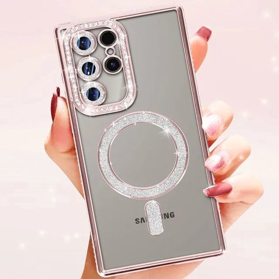 Samsung Galaxy S22 Ultra Hoesjes – MagSafe Glitter Backcover – Strass Diamantjes – Glamour – Roségoud-Ilumina Benelux