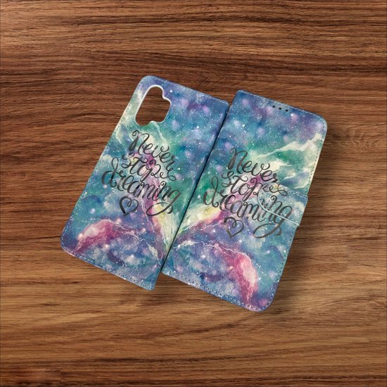 Samsung Galaxy A32 5G Hoesjes – Portemonnee Book Case – Pasjeshouder – Magneetsluiting – Never Stop Dreaming Print-Ilumina Benelux