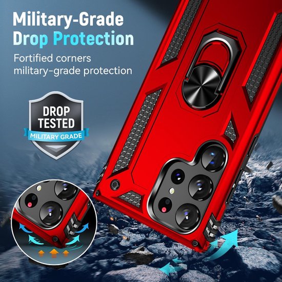 Samsung Galaxy S25 Ultra Hoesjes – Anti-Shock Hybride Ring Armor Backcover – Schokbestendig – Rood-Ilumina Benelux