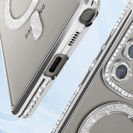 Samsung Galaxy S22 Ultra Hoesjes – MagSafe Glitter Backcover – Diamantjes – Glamour – Zilver-Ilumina Benelux