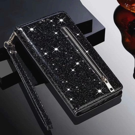 Samsung Galaxy S22 Ultra Hoesjes – Glitter Portemonneehoes – Rits & Koord – Pasjeshouder – Zwart-Ilumina Benelux