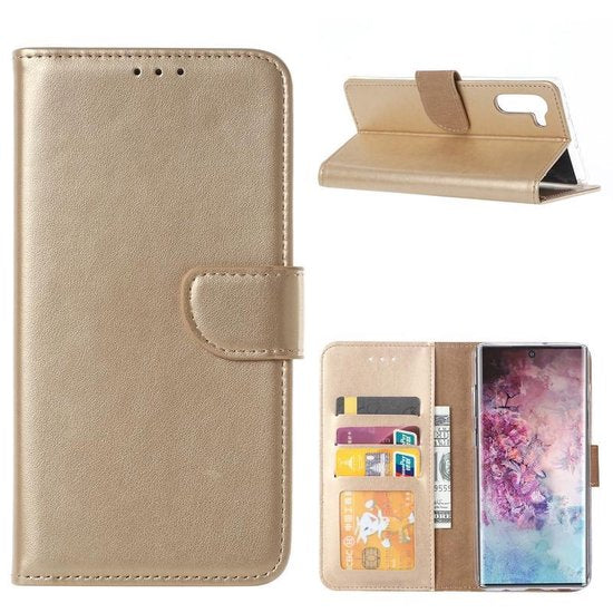 Samsung Galaxy Note 10 Hoesjes – Portemonnee Hoes – Magneetsluiting – 2x Gehard Glas Screenprotector – Goud-Ilumina Benelux