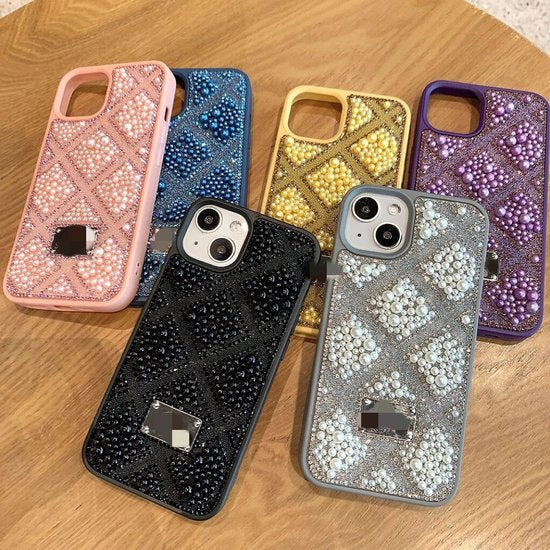 iPhone 16 Pro Max Hoesjes – Parel kralen backcover – Ruitjes design – Fashion dames case – Blauw-Ilumina Benelux