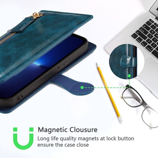 iPhone 15 Pro Max Hoesjes – Bookcase Flipcover met Ritssluiting – Magneetsluiting – 5 Pasjeshouder – Blauw-Ilumina Benelux