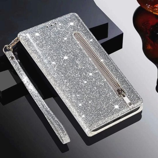 Samsung Galaxy S22 Ultra Hoesjes – Glitter Portemonnee Hoes – Rits & Koord – Pasjeshouder – Zilver-Ilumina Benelux