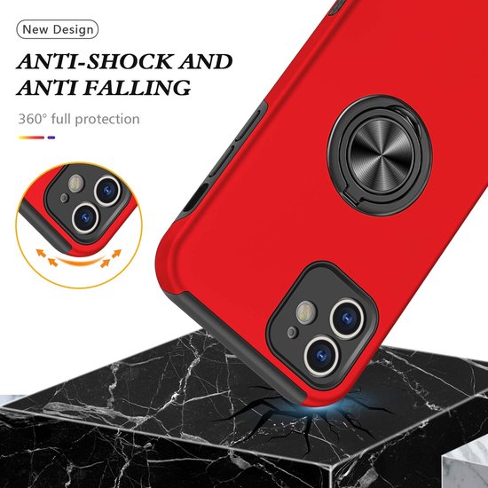 iPhone 12 Hoesjes – Backcover met Vingerring & Magneet – Anti-drop – Rood-Ilumina Benelux