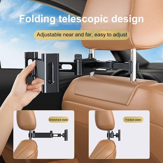 Tablethouder auto hoofdsteun – Verstelbaar – 360° draaibaar – Geschikt voor iPad/Samsung Galaxy Tab/Nintendo Switch – Zwart