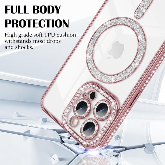 iPhone 16 Plus Hoesjes – MagSafe Magnetisch – Glitter Sparkle Backcover – Schokbestendig – Roségoud-Ilumina Benelux
