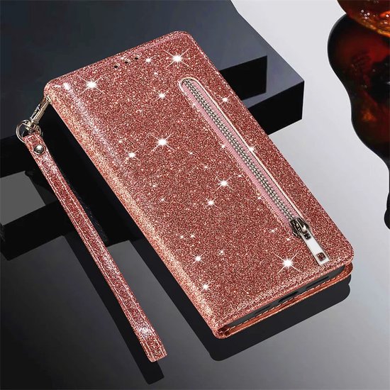 Samsung Galaxy S23 Ultra Hoesjes – Glitter Portemonnee Hoes – Rits & Koord – Pasjeshouder – Roségoud-Ilumina Benelux