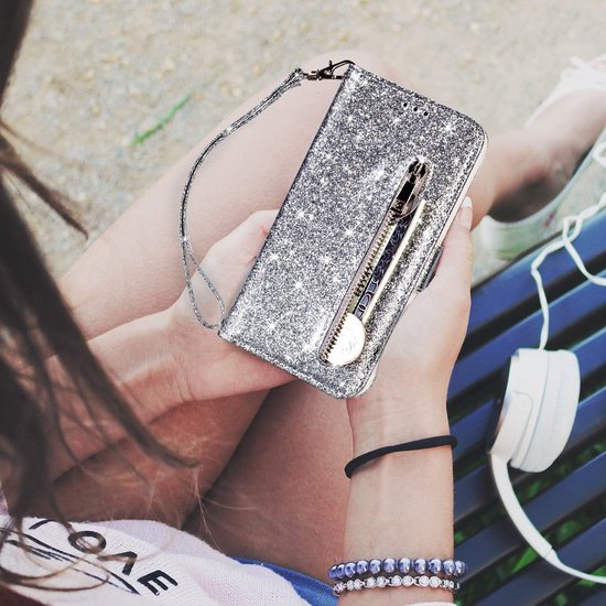 Sparkly Glitter Wallet Hoesje met Rits & Koord Geschikt voor: Samsung Galaxy S10 - Zilver