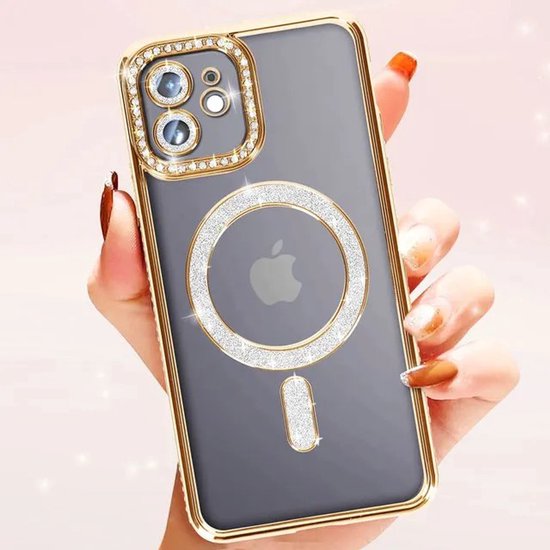 iPhone 12 Hoesjes – MagSafe Backcover – Glitter Sparkle – Schokbestendig – Goud-Ilumina Benelux