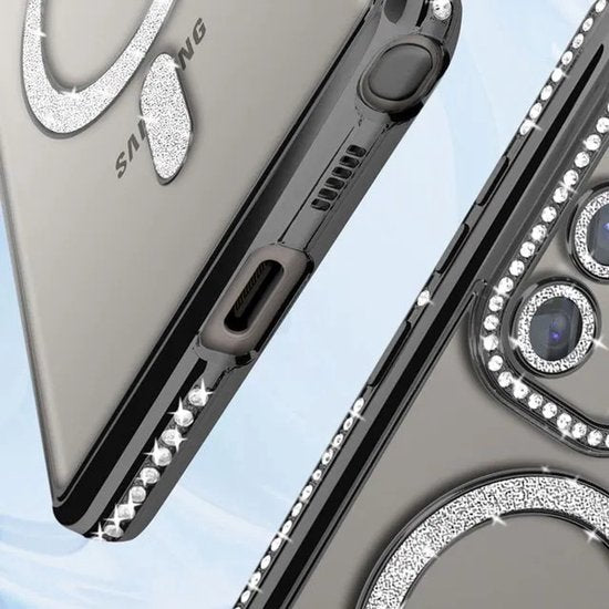 Samsung Galaxy S23 Ultra Hoesjes – MagSafe Glitter Backcover – Strass Diamantjes – Glamour – Zwart-Ilumina Benelux