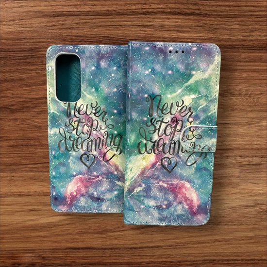 Oppo A77 5G Hoesjes – Portemonnee Book Case – Pasjeshouder – Magneetsluiting – Never Stop Dreaming Print-Ilumina Benelux