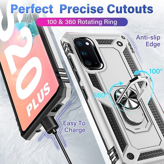 Samsung Galaxy S20 Plus Hoesjes – Ring Armor Backcover – 360° Draaibare Standaard – Magneet – Zilver-Ilumina Benelux
