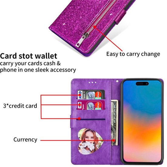 iPhone 15 Plus Hoesjes – Glitter Portemonnee Case – Rits – Koord – Pasjeshouder – Paars-Ilumina Benelux