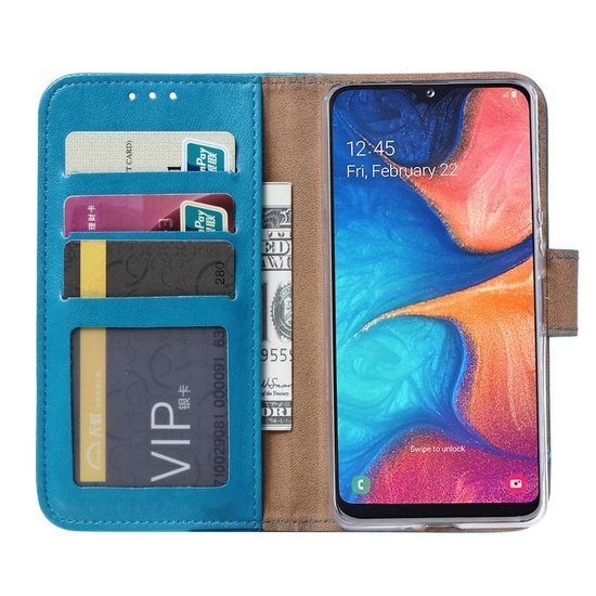 hoesje Geschikt voor: Samsung Galaxy A20E Portemonnee Turquoise met 2x Glas Screenprotector