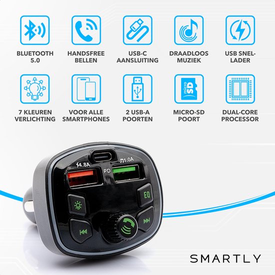 FM Transmitter Auto – Bluetooth 5.0 Carkit – Snellader USB-C & USB – SD Kaart – RGB Licht – Handsfree Bellen – Zwart-Ilumina Benelux