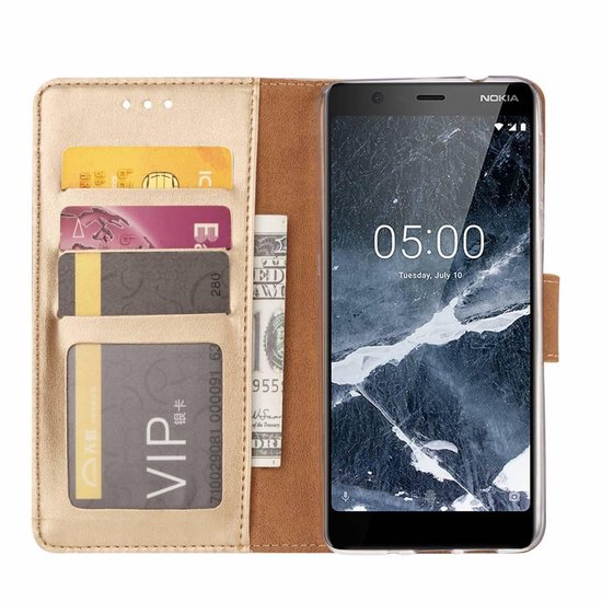 Nokia 5.1 Hoesjes – Portemonnee Hoes – Pasjeshouder – 2x Screenprotector – Goud-Ilumina Benelux