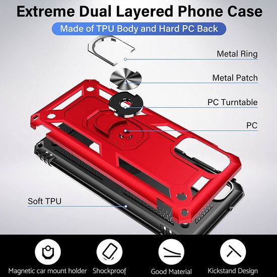 Samsung Galaxy S20 Plus Hoesjes – Ring Armor Backcover – 360° Draaibare Standaard – Magneet – Rood-Ilumina Benelux
