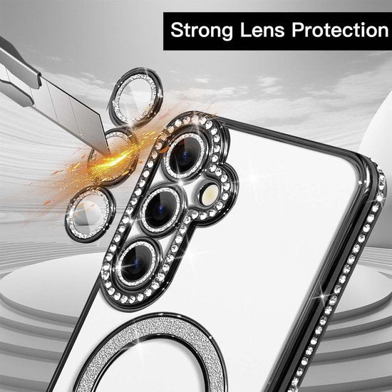 Magnetische Hoesje Geschikt voor: Samsung Galaxy S24 FE / Galaxy S25 FE Magsafe - Sparkle Glitter - Meisjes Vrouwen - Zachte TPU Cover - Zwart