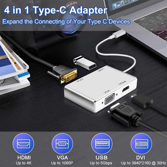 USB-C naar HDMI DVI VGA Adapter – 4-in-1 Video Hub – 4K HDMI – USB 3.0 – Zilver-Ilumina Benelux