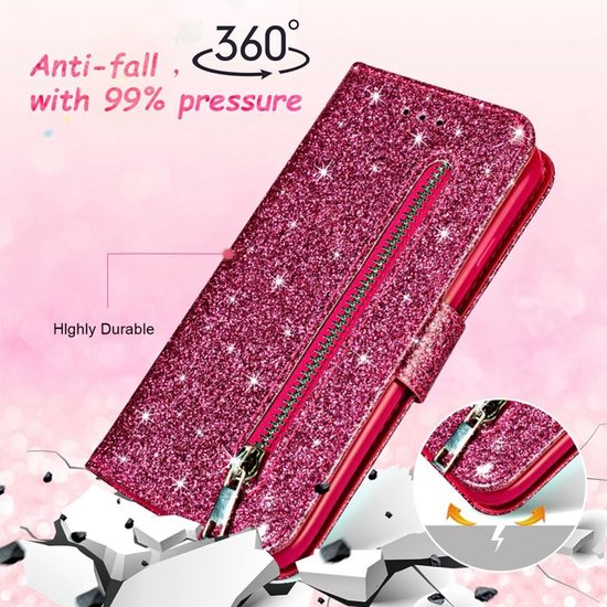 Sparkly Glitter Wallet Hoesje met Rits & Koord Geschikt voor: Samsung Galaxy A01 - Roze