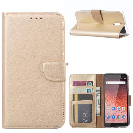 Nokia 1 Plus Hoesjes – Portemonnee Hoes – Pasjeshouder – 2x Screenprotector – Goud-Ilumina Benelux