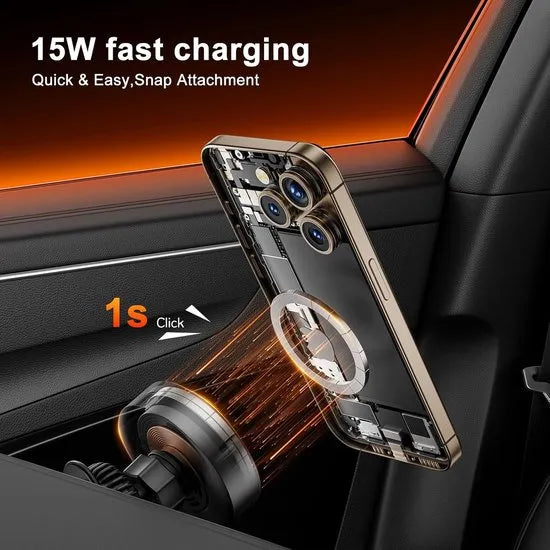 MagSafe Telefoonhouder Auto met Draadloze Oplader - 15W Magnetische Auto Houder Ventilatierooster - Uittrekbare USB-C Kabel - Geschikt voor iPhone 17/16/15/14/13/12 & Samsung S25/S24-Ilumina Benelux