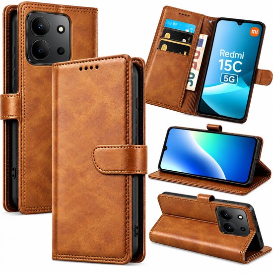 Bookcase Hoesje Geschikt voor Xiaomi Redmi 15C - Luxe PU Kalfsleer Telefoonhoes- Portemonnee Hoesje met Kaartvakken, Contant Geldvak, Magneetsluiting & Standaardfunctie - Khaki